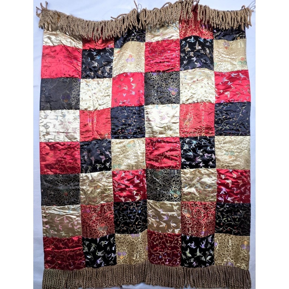 Vintage Asian Brocade Patchwork Throw Blanket Red Black Gold Fringe 50x60